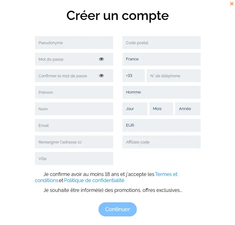 Processus d'inscription ORIENT XPRESS CASINO